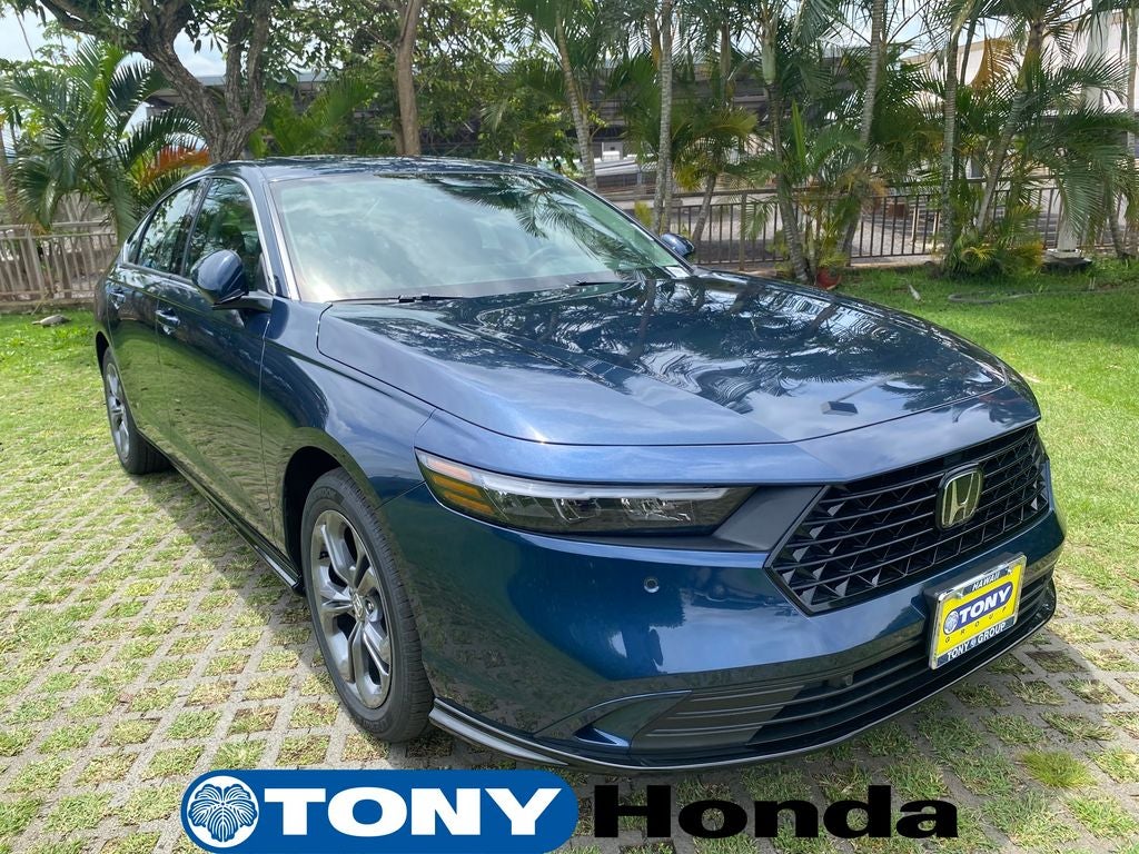2026 Honda Accord Hybrid EX-L in Canyon River Blue Metallic — front three-quarter view