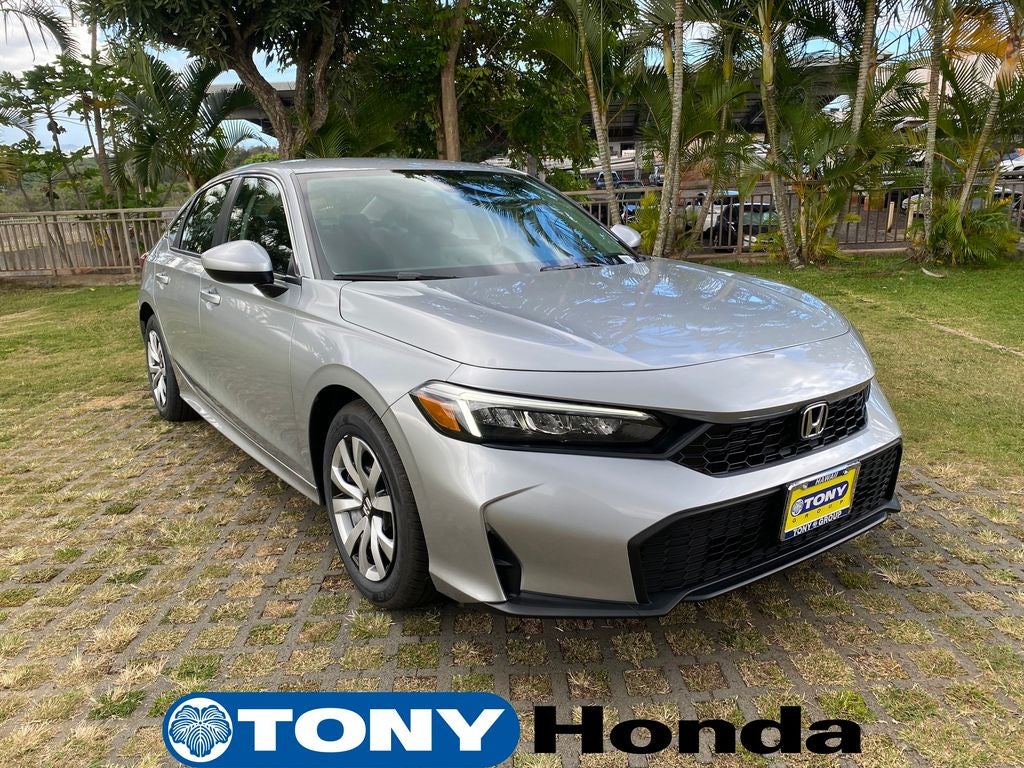 2026 Honda Civic LX in Solar Silver Metallic — front three-quarter view